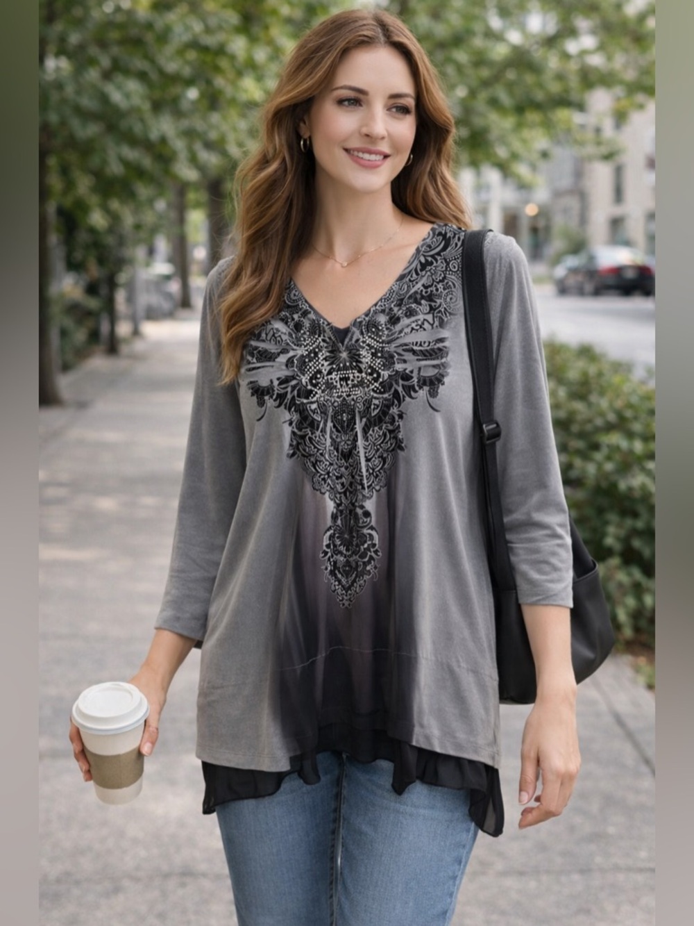 🖤 Unity World Wear Gray Tunic Top Black Embellished Boho Chic XL
